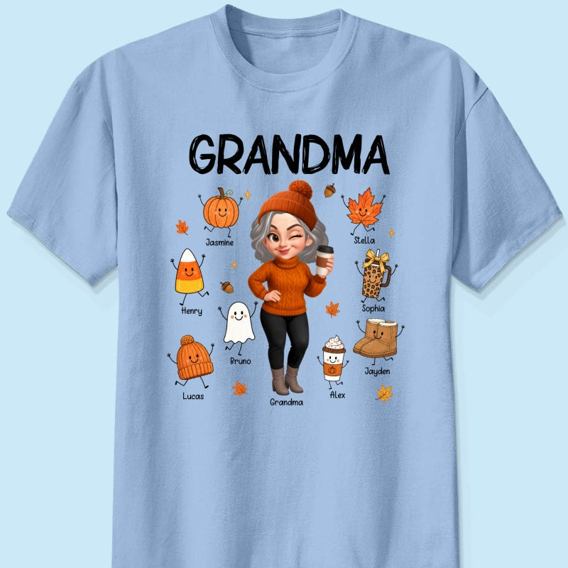 Fall Season Grandma Custom Grandkids Doodle Fall Symbols - Personalized Shirt - Fall Gift For Grandma