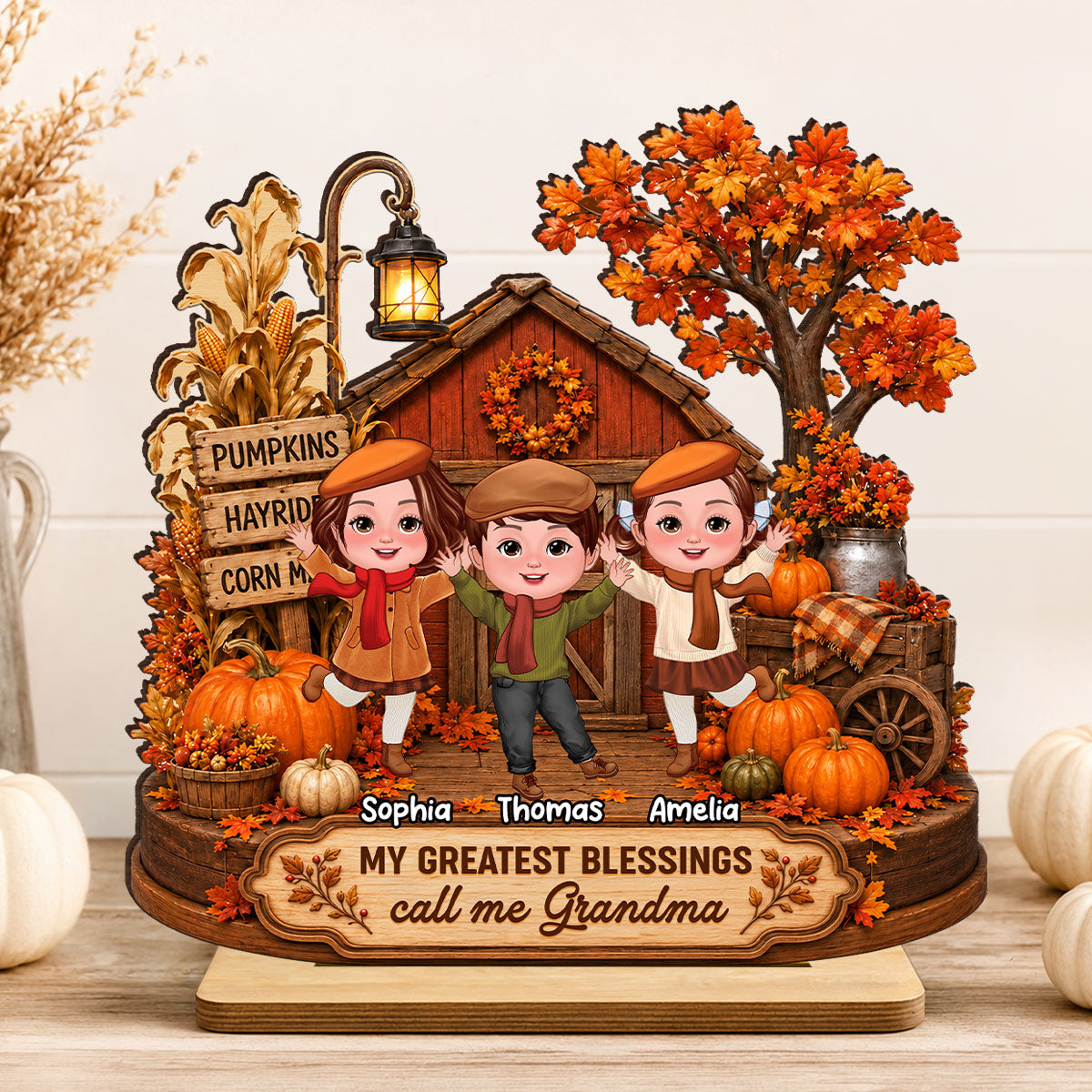 Grandma Grandkids Greatest Blessings - Personalized 2-Layered Wooden Plaque - Fall Season Decor Gift, Gift For Grandma