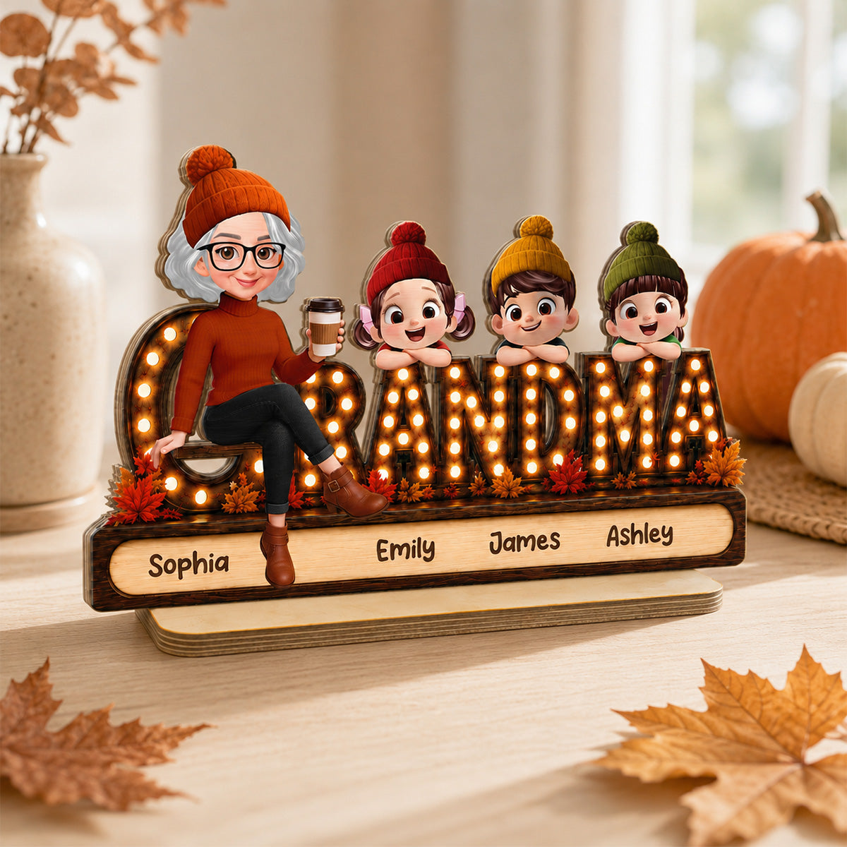 Grandma Grandkids Marquee 2D Flat - Personalized Wooden Plaque - Cozy Fall Season Gift