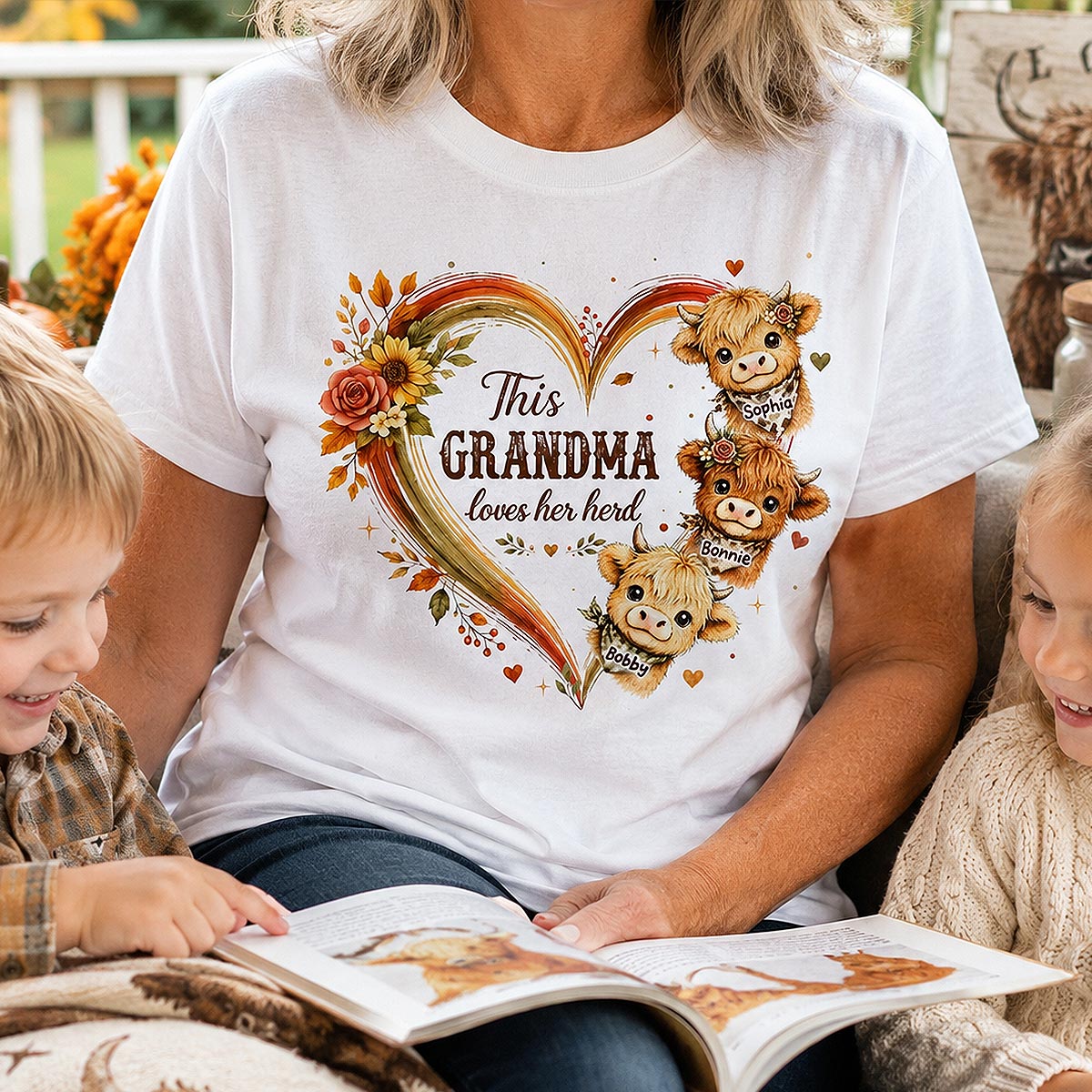 Grandma Herd Heart Highland Cow - Personalized Shirt - Cozy Fall Shirt for Grandma