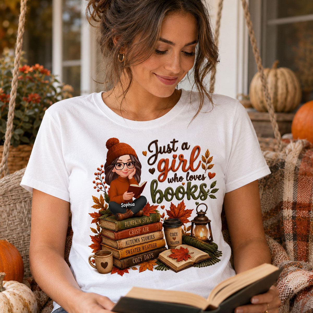 Cozy Autumn Girl Who Loves Books - Personalized Shirt - Fall Season Gift, Gift For Book Lovers