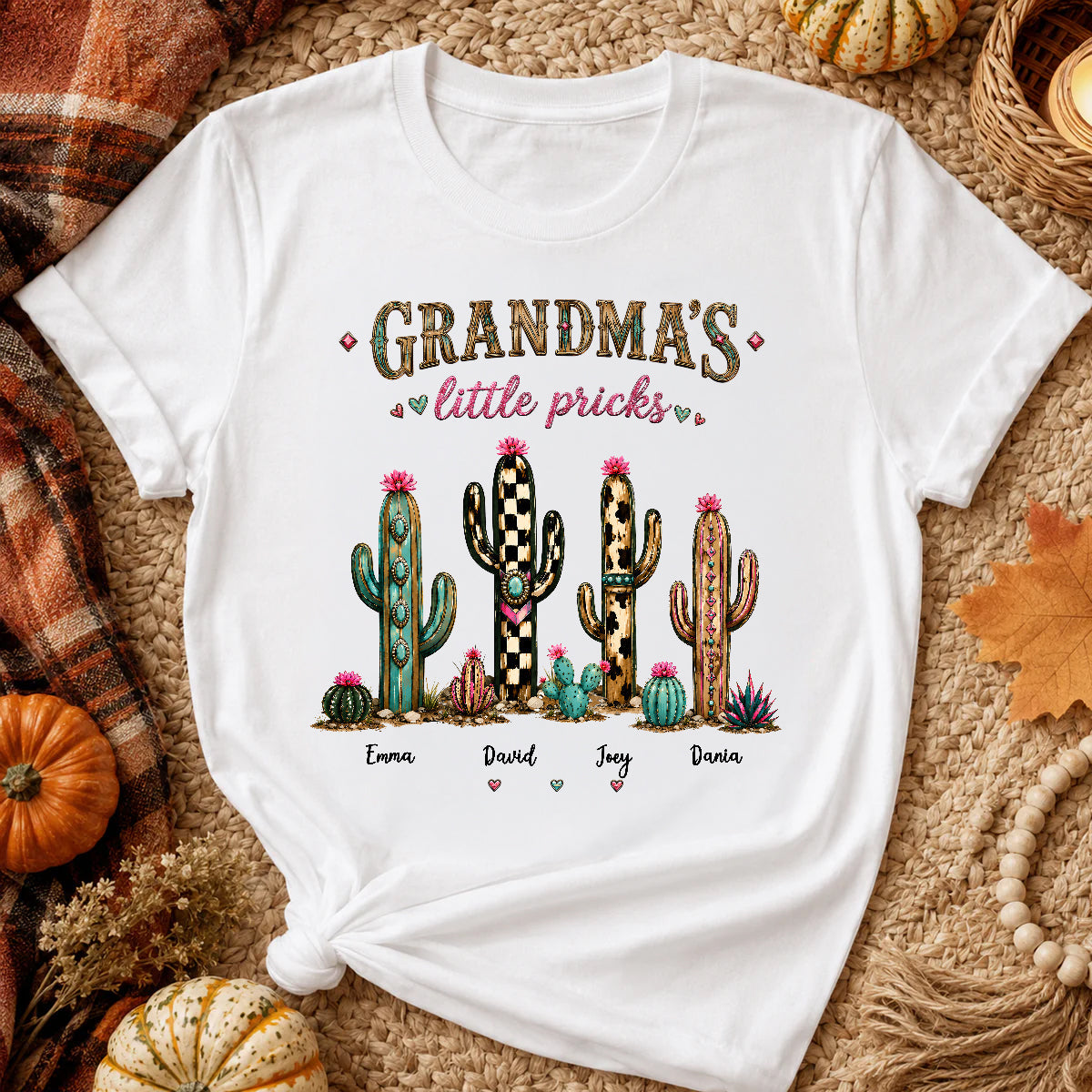 Grandma's Little Pricks - Personalized Shirt - Leopard Cactus Fall Vibe, Trendy Tee for Grandma