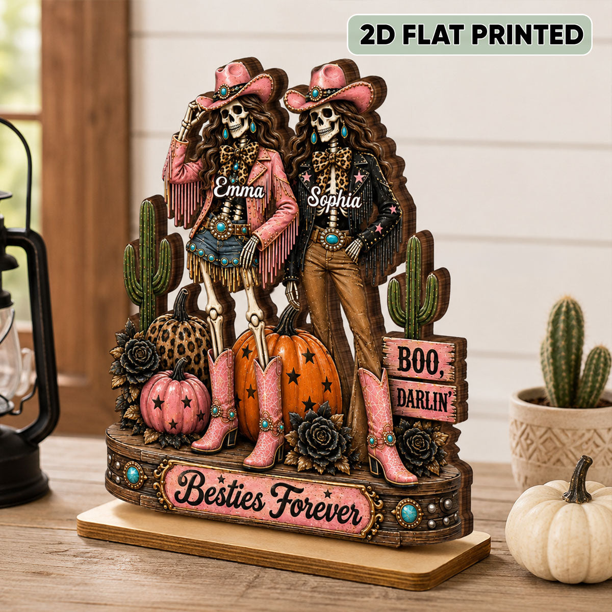 Western Halloween Skeleton Cowgirls - Personalized 2-Layered Wooden Plaque - Halloween Decor Gift, Gift For Besties