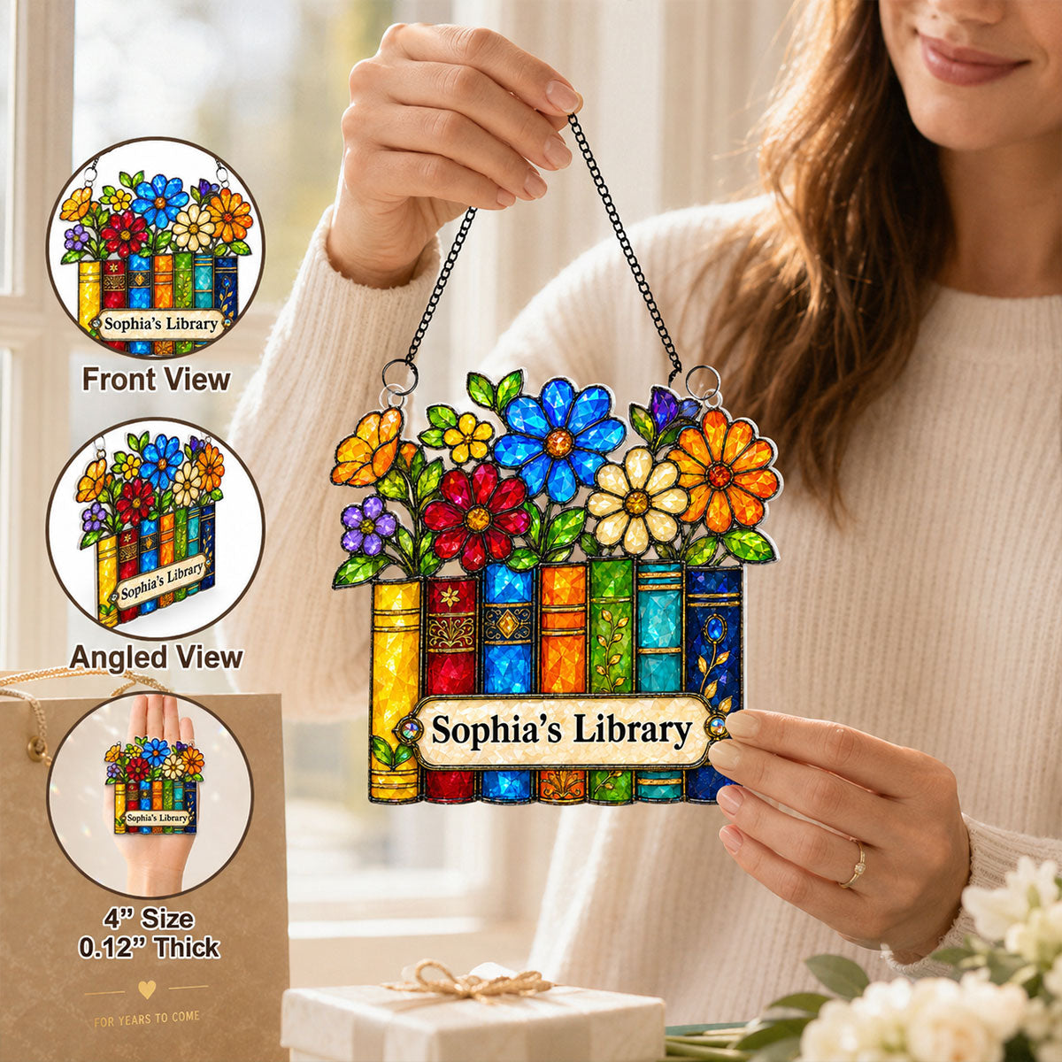 Floral Library Books - Personalized Acrylic Window Hanging - Book Lover Gifts for Women, Girl