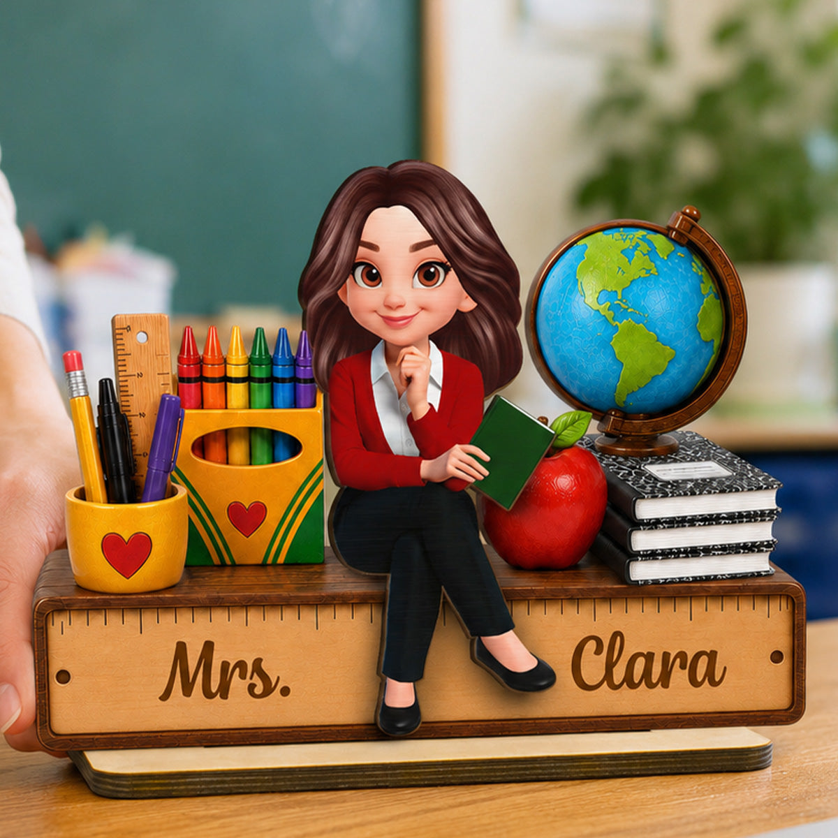 Teacher Sitting With School Supplies 2D Flat - Personalized Wooden Plaque - Back To School Gift For Teacher