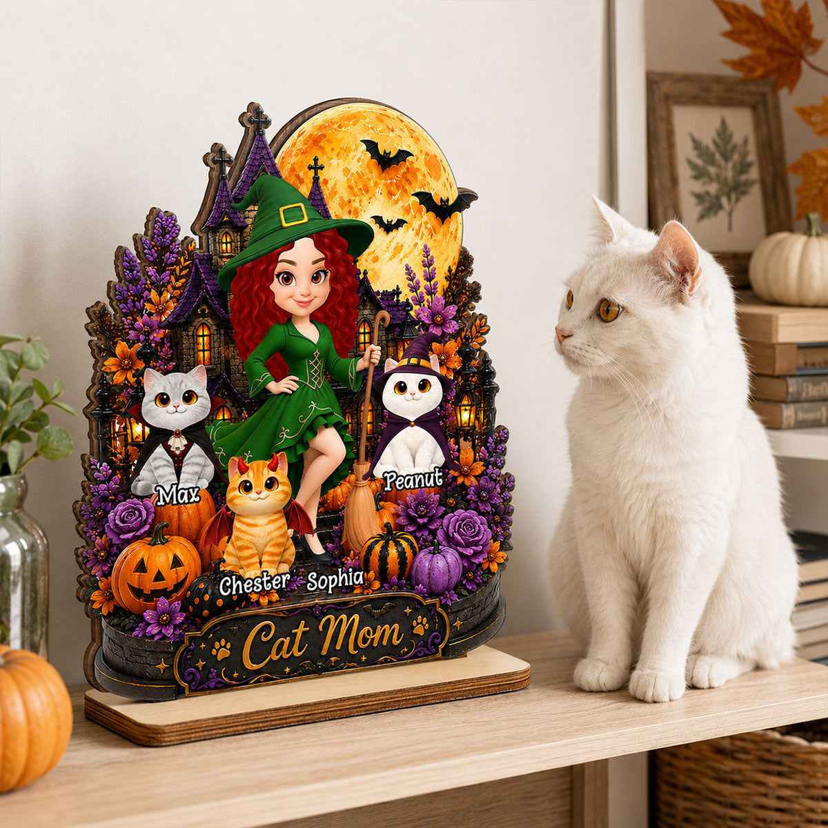 Cat Mom Witch Haunted House Moon - Personalized 2-Layered Wooden Plaque - Halloween Decor Gift, Gift For Cat Lovers