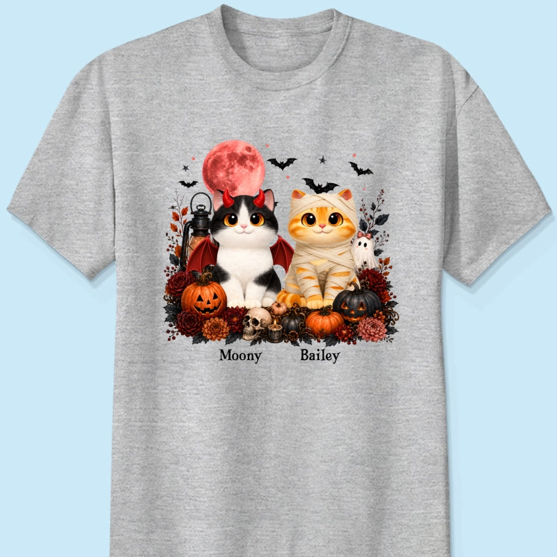 Halloween Floral Pumpkin Cats - Personalized Shirt - Trendy Fall Halloween Tee for Cat Lovers