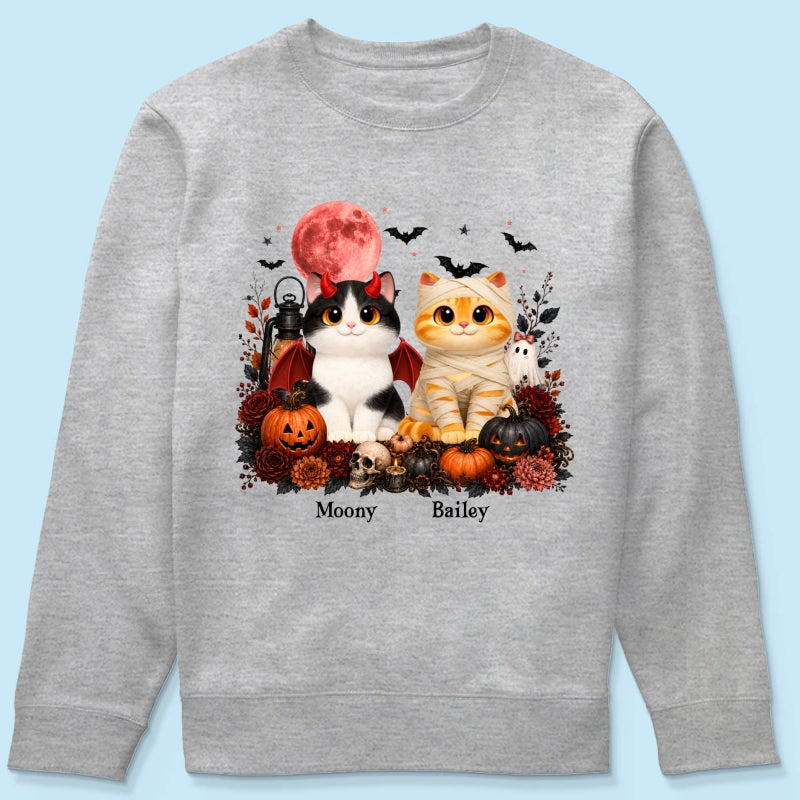 Halloween Floral Pumpkin Cats - Personalized Shirt - Trendy Fall Halloween Tee for Cat Lovers