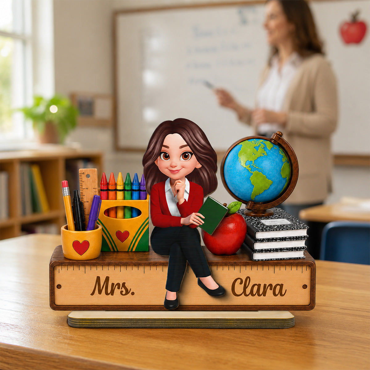 Teacher Sitting With School Supplies 2D Flat - Personalized Wooden Plaque - Back To School Gift For Teacher