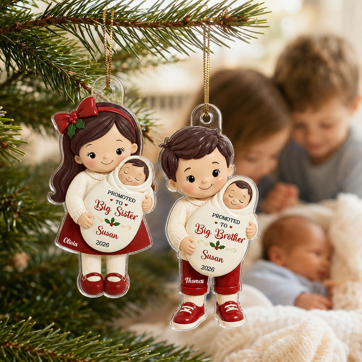 Promoted To Big Sibling Christmas Theme 2D Flat - Personalized Acrylic Ornament - New Big Brother, New Big Sister Gift