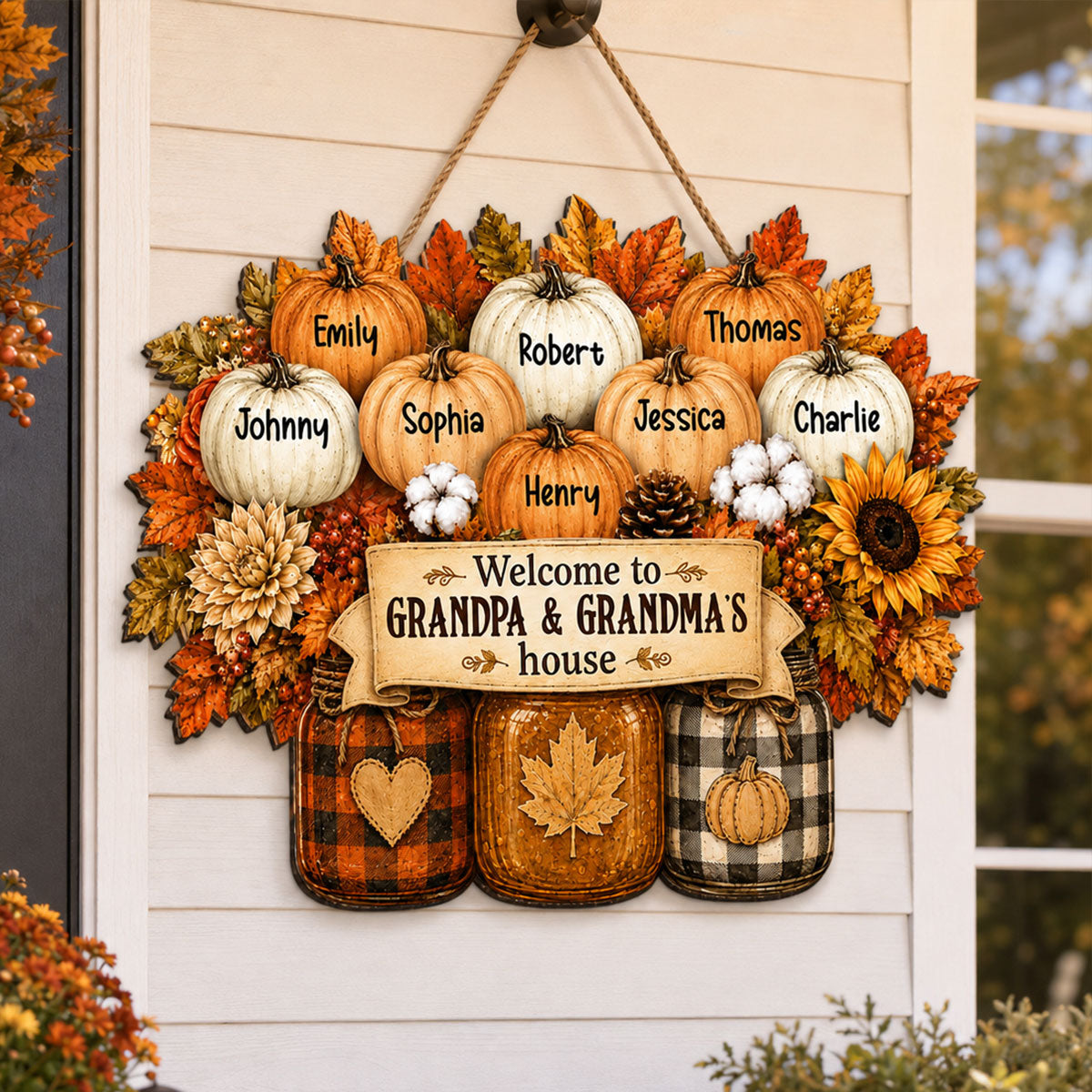 Cozy Warm Fall Season Mason Jars Pumpkins Welcome To Grandma Grandpa House - Personalized Wood Sign - Fall Decoration For Grandparents