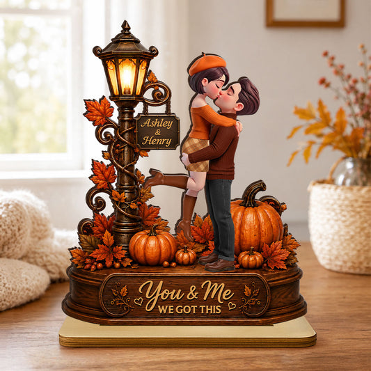 Couple Hugging Under Lamp Post Fall Season - Personalized 2-Layered Wooden Plaque - Heartfelt Gift for Her, for Him
