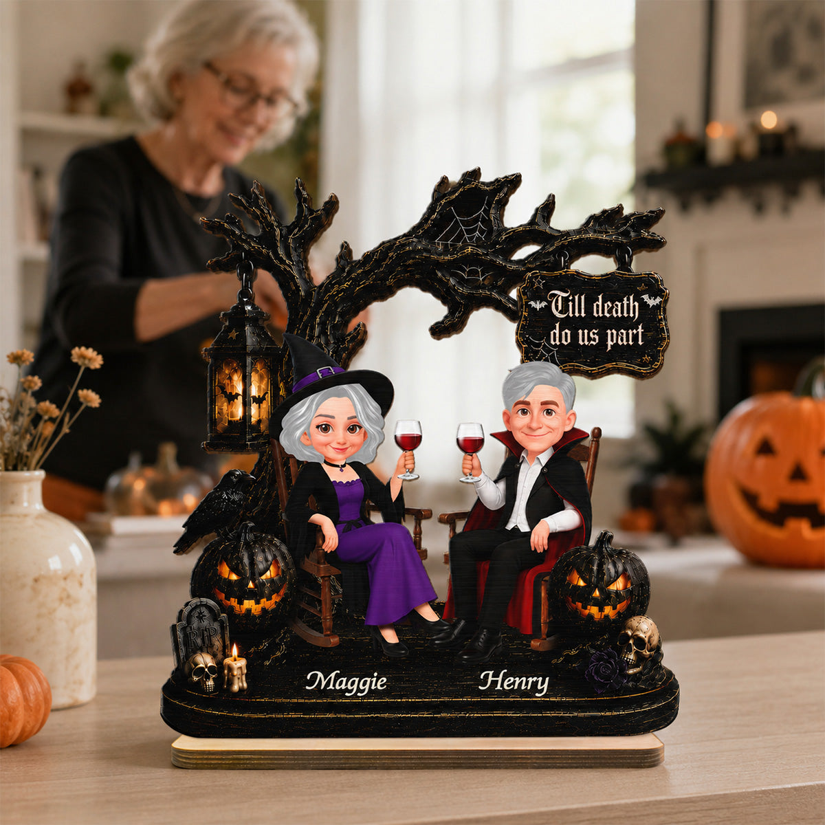 Couple Sitting Under Spooky Halloween Tree 2D Flat - Personalized 2-Layer Wooden Plaque - Tabletop Tier Tray Wicca Pagan Decor