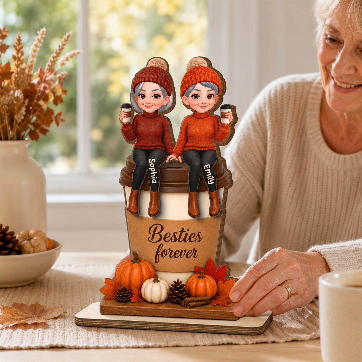 Besties Sitting On Pumpkin Spice Latte 2D Flat - Personalized Wooden Plaque - Cozy Fall Gift