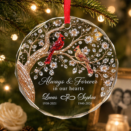 Always And Forever in Our Hearts - Personalized Glass Ornament - Heartfelt Memory Sympathy Keepsake for Loved Ones