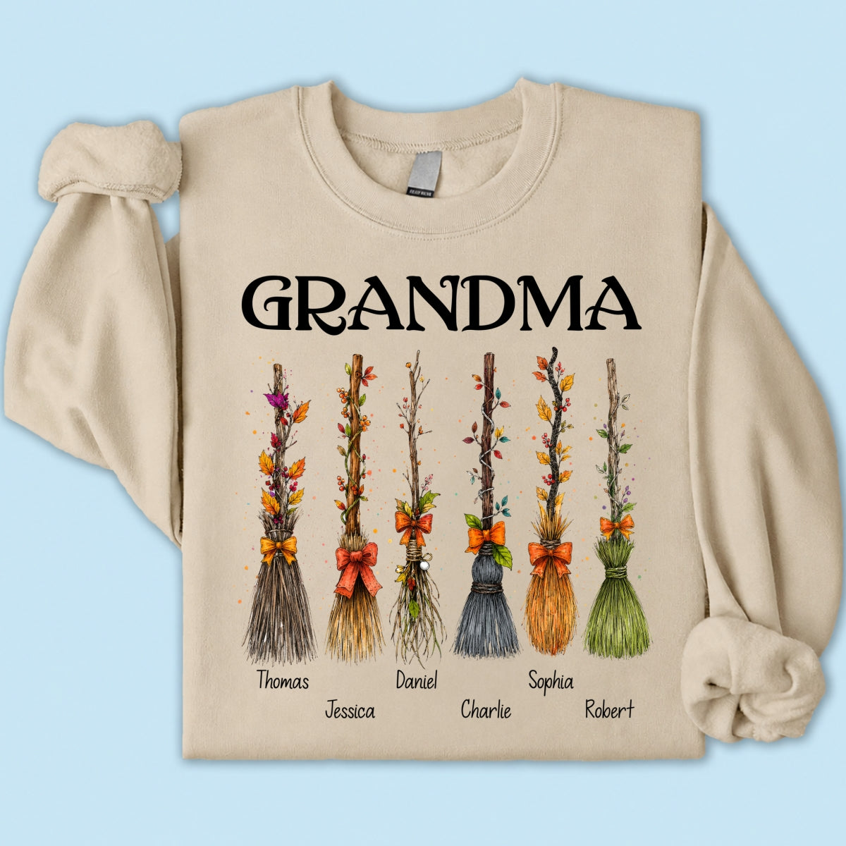 Grandma Witch Beautiful Broomsticks Custom Grandkids Names - Personalized Shirt - Halloween Gift For Grandma