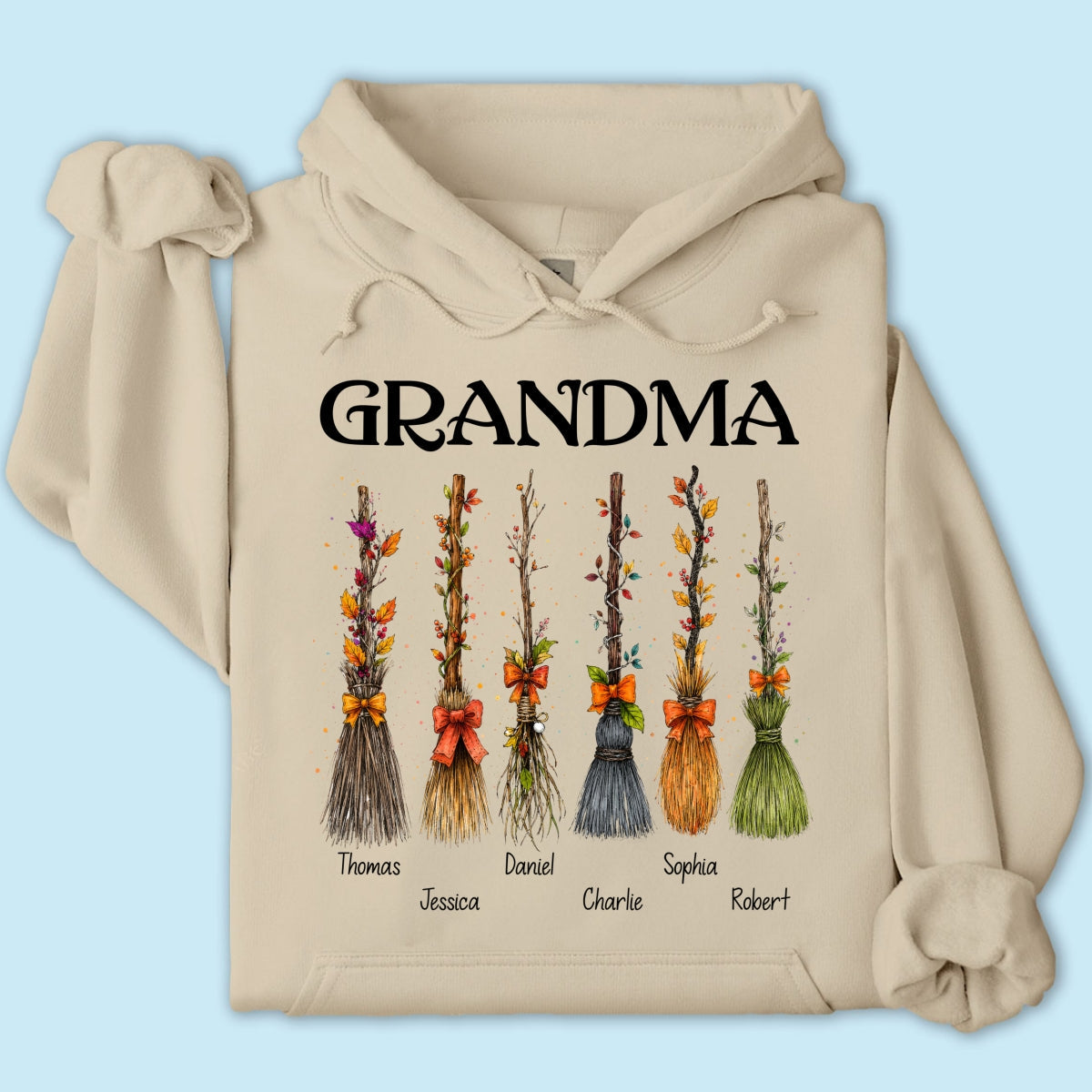 Grandma Witch Beautiful Broomsticks Custom Grandkids Names - Personalized Shirt - Halloween Gift For Grandma
