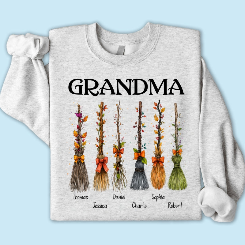 Grandma Witch Beautiful Broomsticks Custom Grandkids Names - Personalized Shirt - Halloween Gift For Grandma