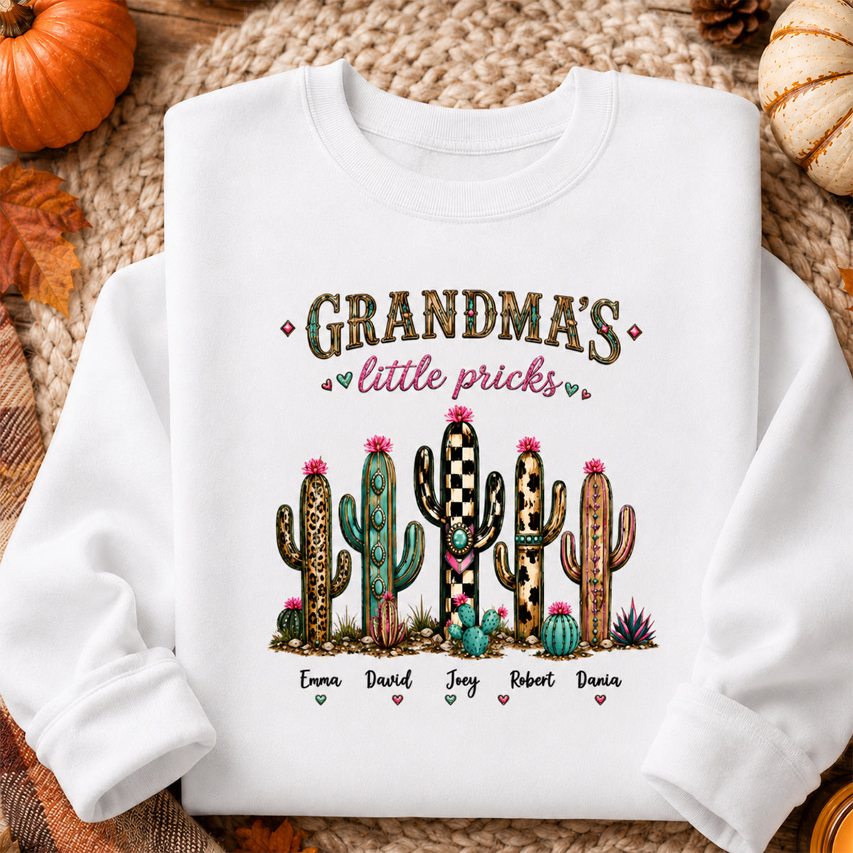 Grandma's Little Pricks - Personalized Shirt - Leopard Cactus Fall Vibe, Trendy Tee for Grandma