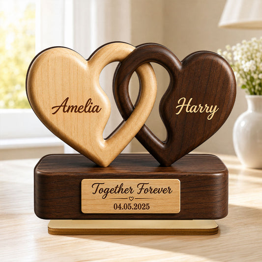 Interlocking Hearts Romantic Couple Anniversary - Personalized 2-Layered Wooden Plaque - Anniversary Gift, Gift For Couple