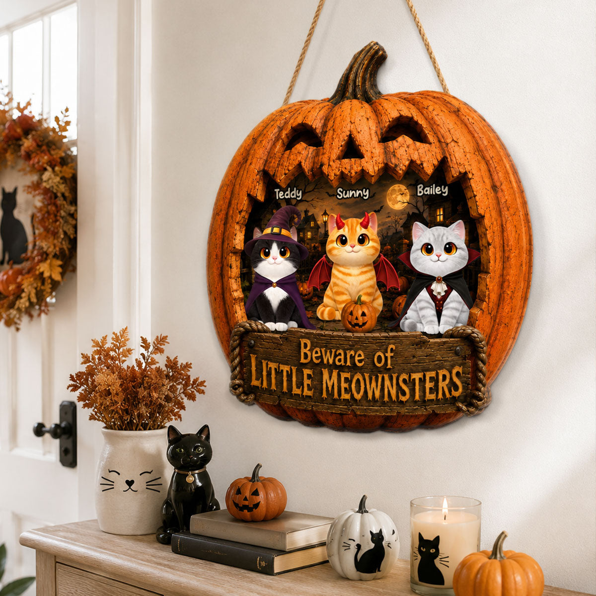 Spooky Halloween Pumpkin Cats - Personalized Wood Sign - Halloween Decor For Cat Lovers