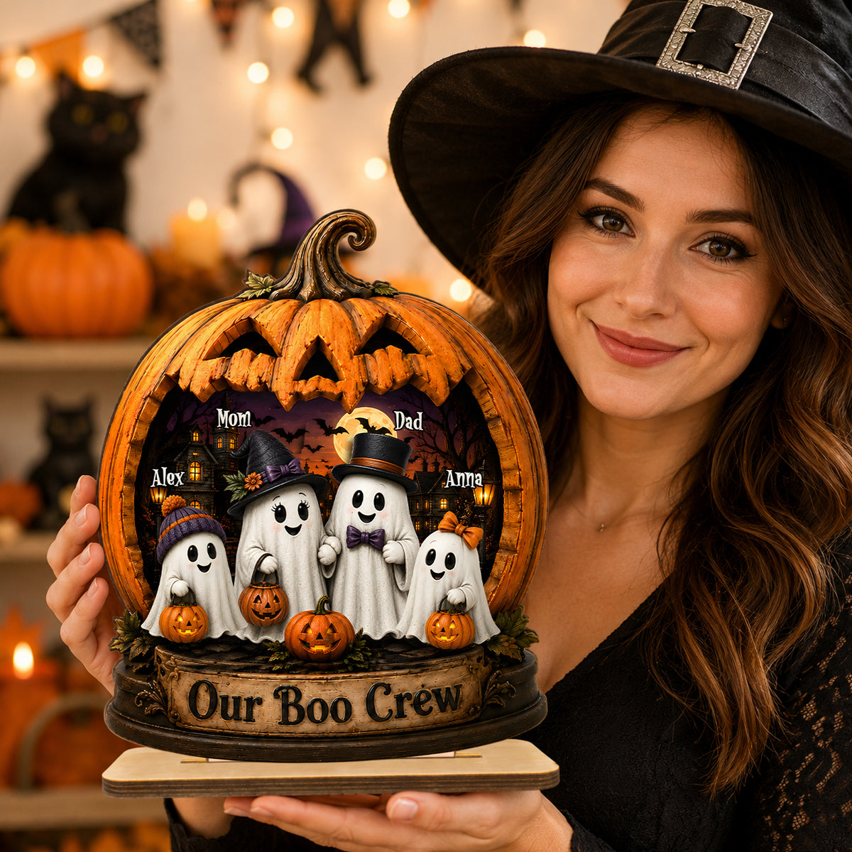 Ghost Family Our Boo Crew Pumpkin - Personalized 2-Layered Wooden Plaque - Halloween Decor Gift, Gift For Family