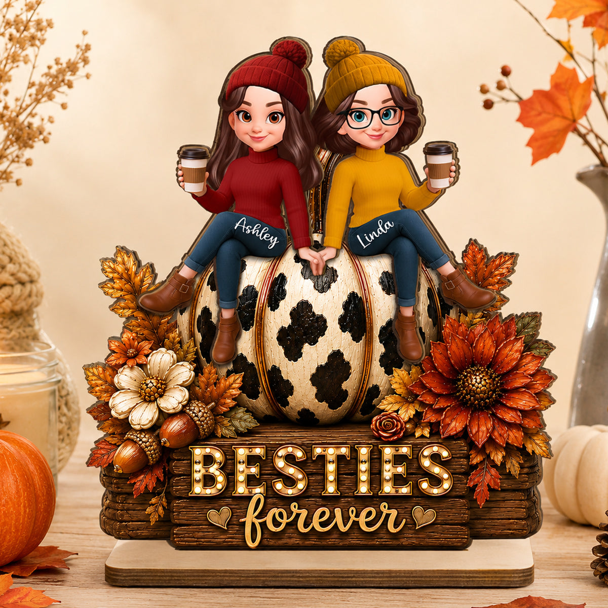 Besties Forever Pumpkin Western Fall Vibe - Personalized 2-Layered Wooden Plaque - Fall Decor for Best Friends