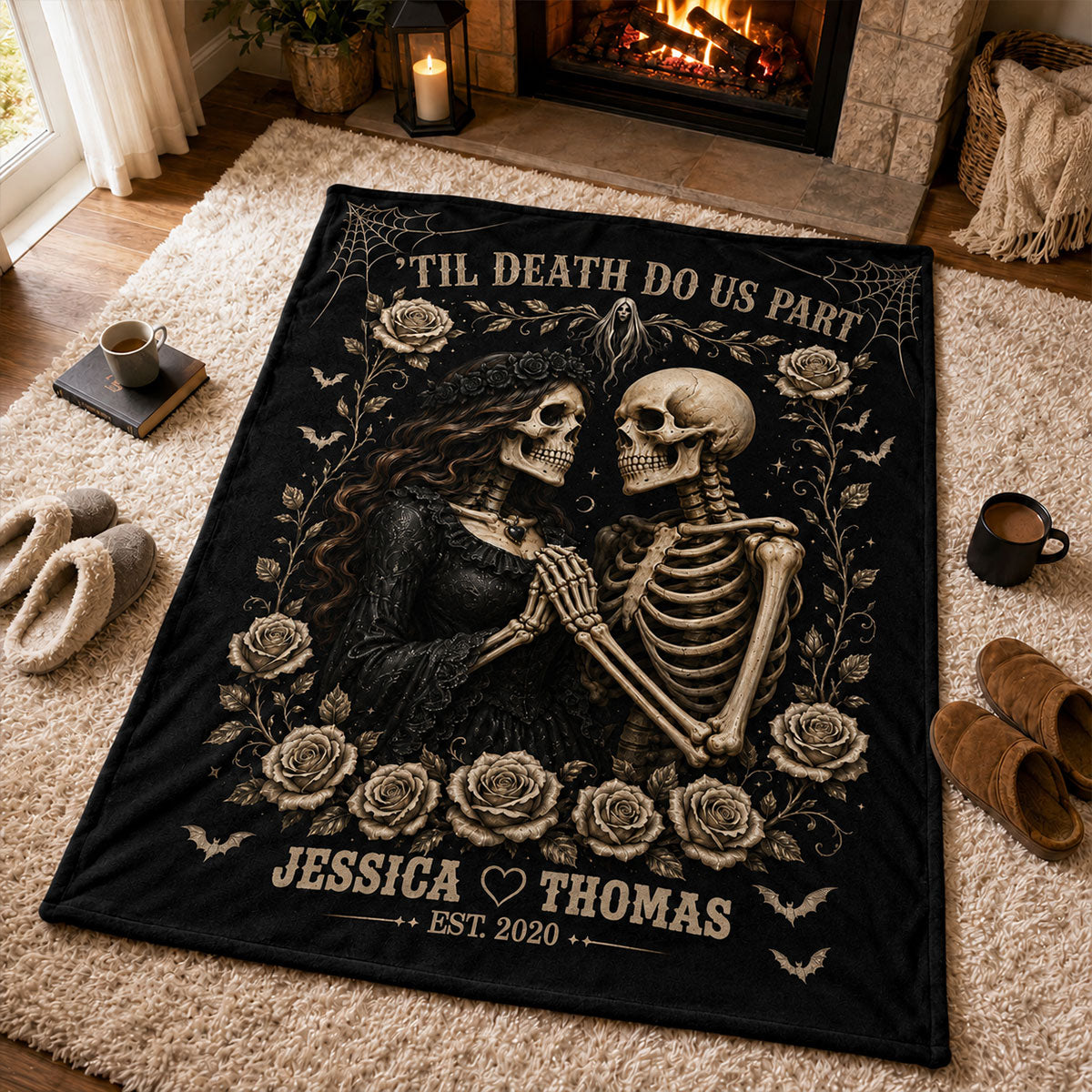 Till Death Do Us Part Skeleton Couple - Personalized Fleece Blanket - Spooky Goth Couple Halloween Gift