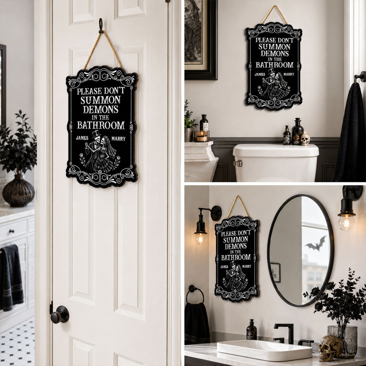 Gothic Couple Please Don't Summon Demons - Personalized Wood Sign - Funny Halloween Gothic Bathroom Decor For Couple