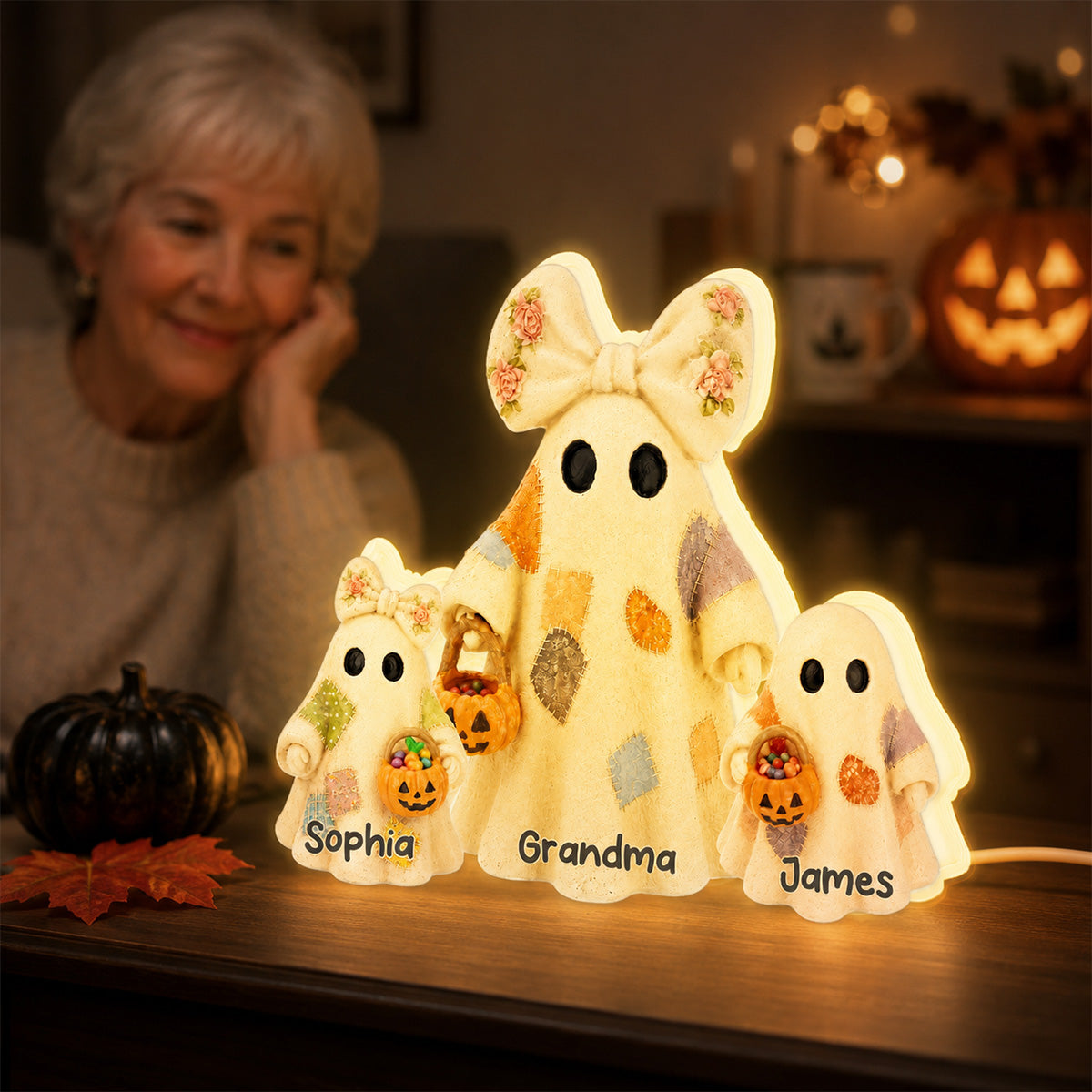 Grandma's Boo Crew Patchwork Style Ghosts 2D Flat - Personalized Light Box - Halloween Decor For Grandma