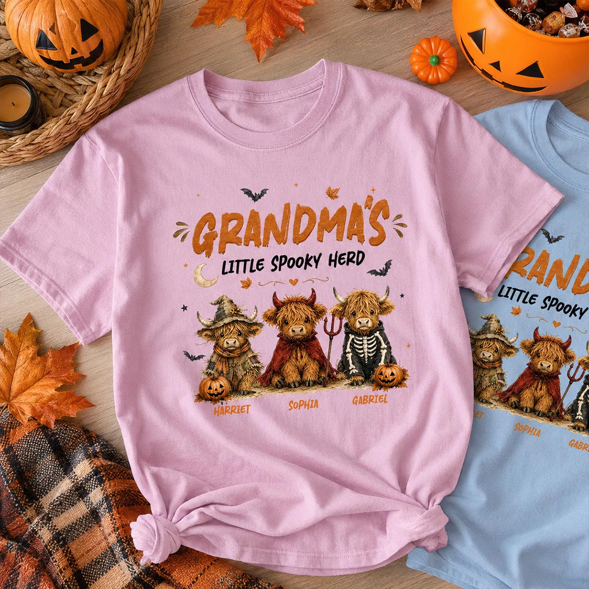 Grandma's Little Spooky Herd Halloween Costume Highland Cows - Personalized Shirt - Halloween Gift For Grandma