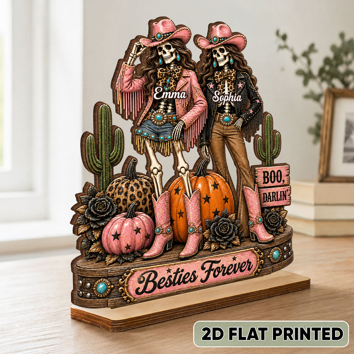 Western Halloween Skeleton Cowgirls - Personalized 2-Layered Wooden Plaque - Halloween Decor Gift, Gift For Besties