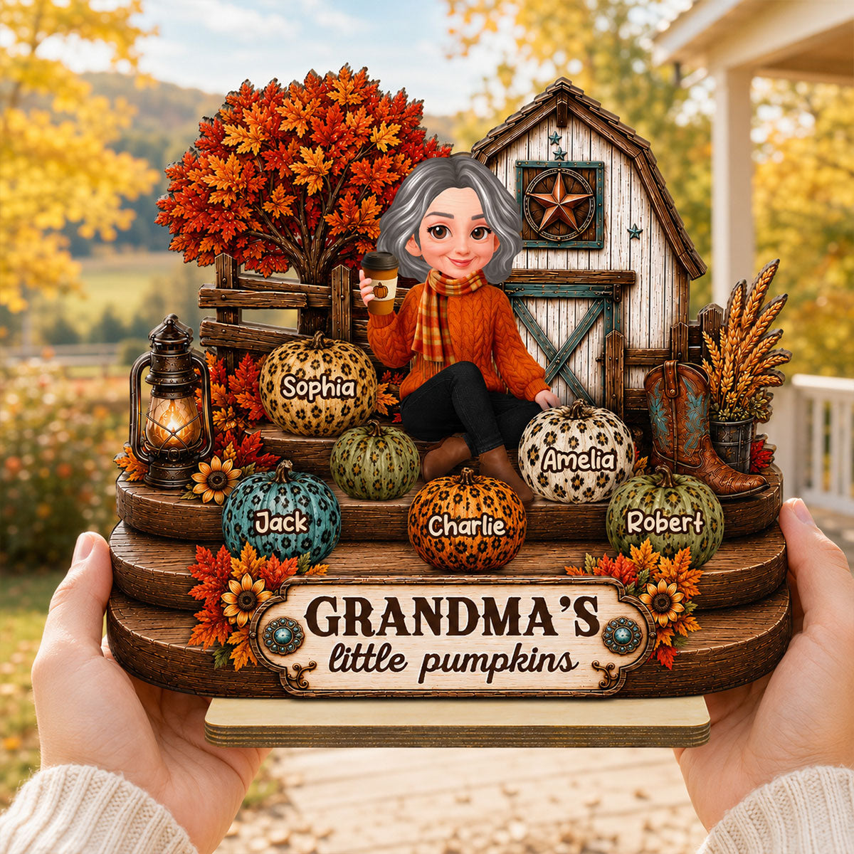 Fall Season Western Cozy Warm Farmhouse Style Grandma Little Pumpkins - Personalized 2-Layered Wooden Plaque - Fall Decor For Grandparents