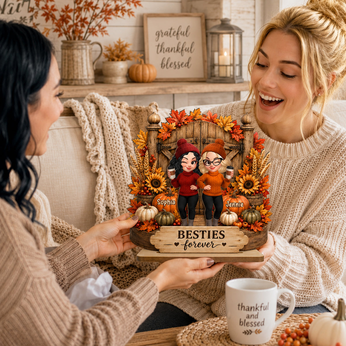 Besties Forever Fall Decor - Personalized 2-Layered Wooden Plaque - Cozy Fall Gift for Best Friends