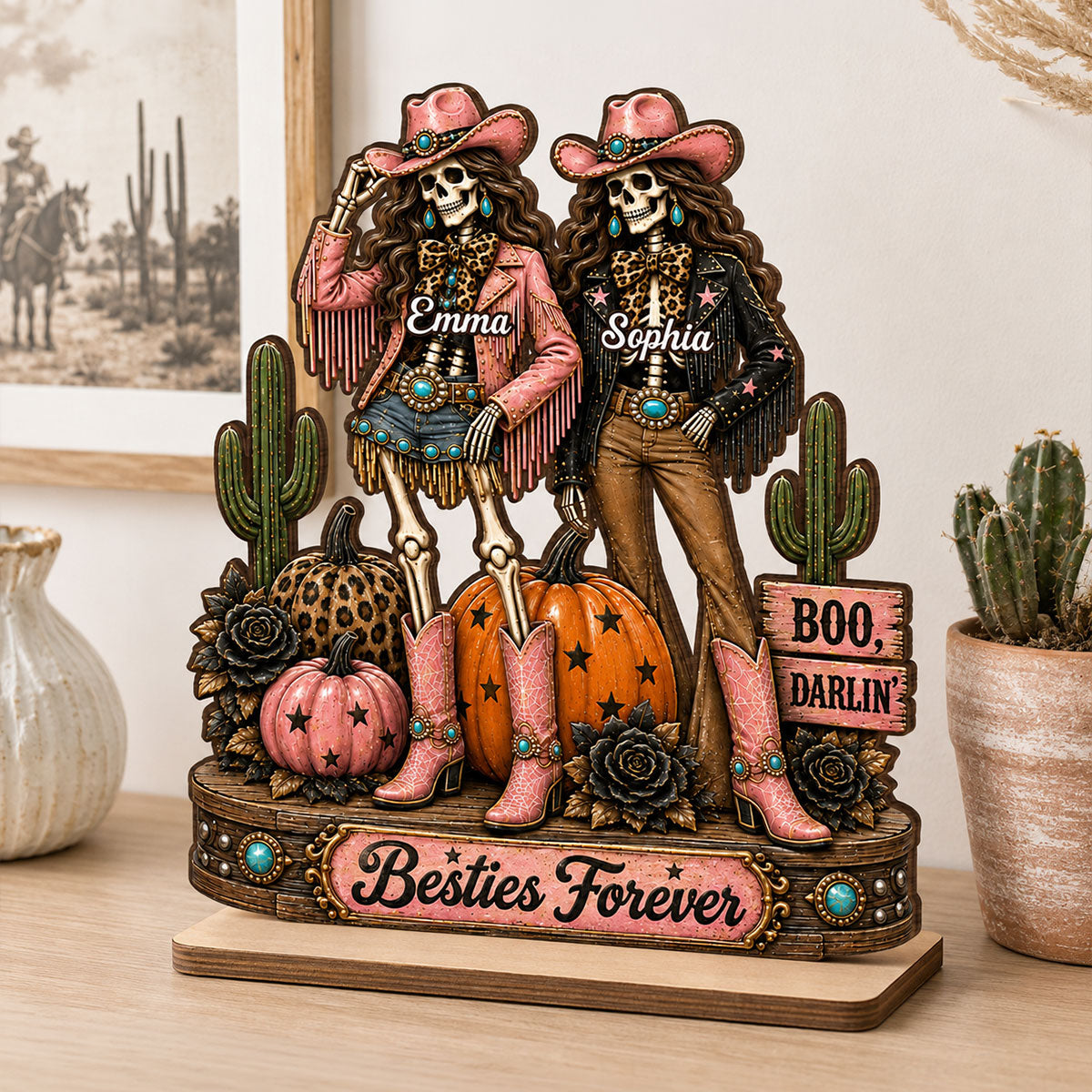 Western Halloween Skeleton Cowgirls - Personalized 2-Layered Wooden Plaque - Halloween Decor Gift, Gift For Besties