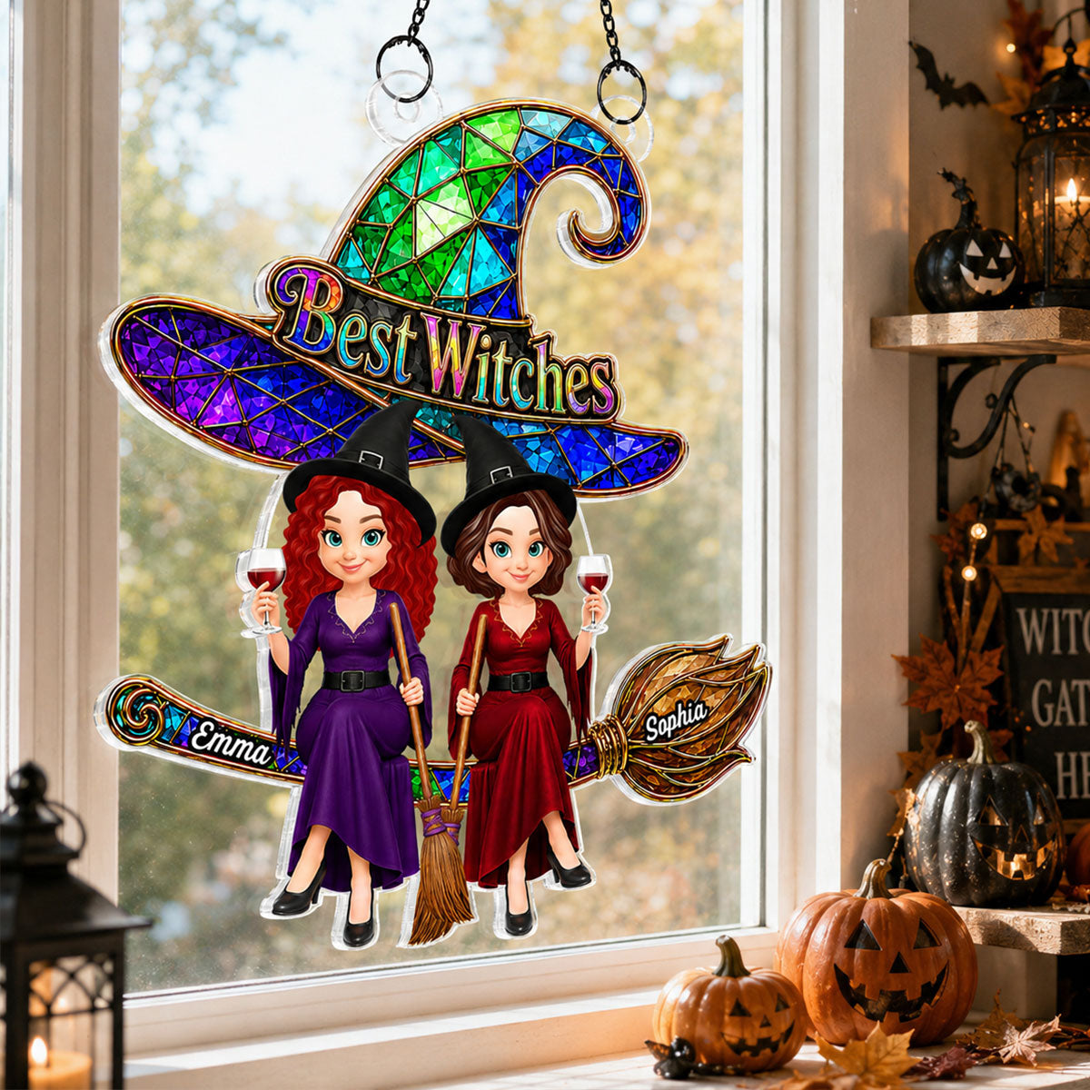 Trending Witches Sitting On Broom - Personalized Acrylic Window Hanging - Halloween Decoration For Besties, Girls