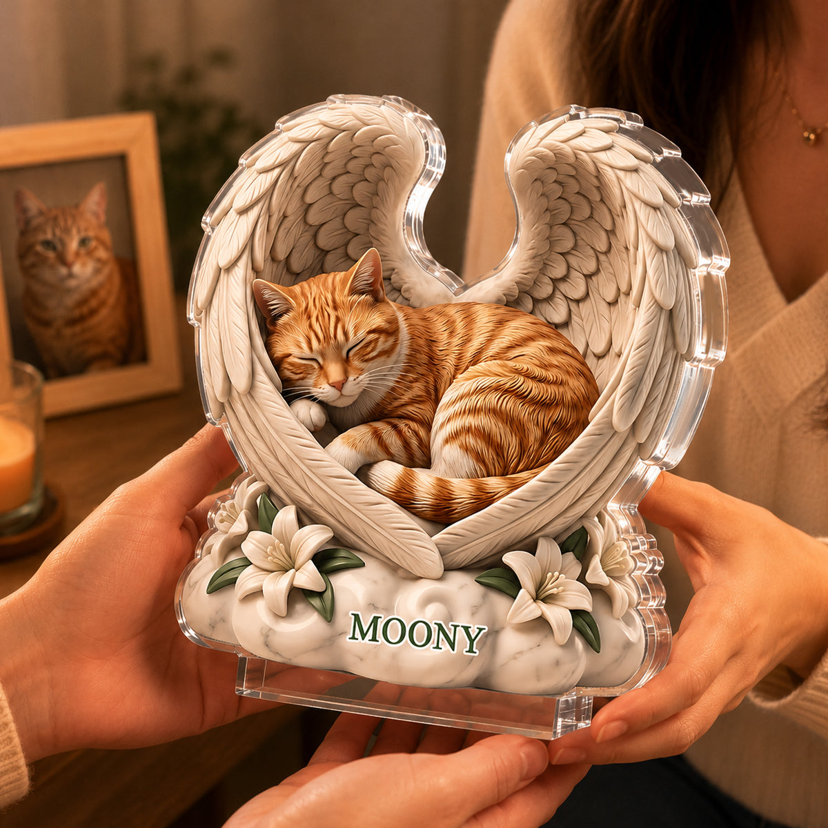 Custom Dog Cat Angel Wings Statue - Personalized Acrylic Block Plaque - Heartfelt Pet Memorial Gift