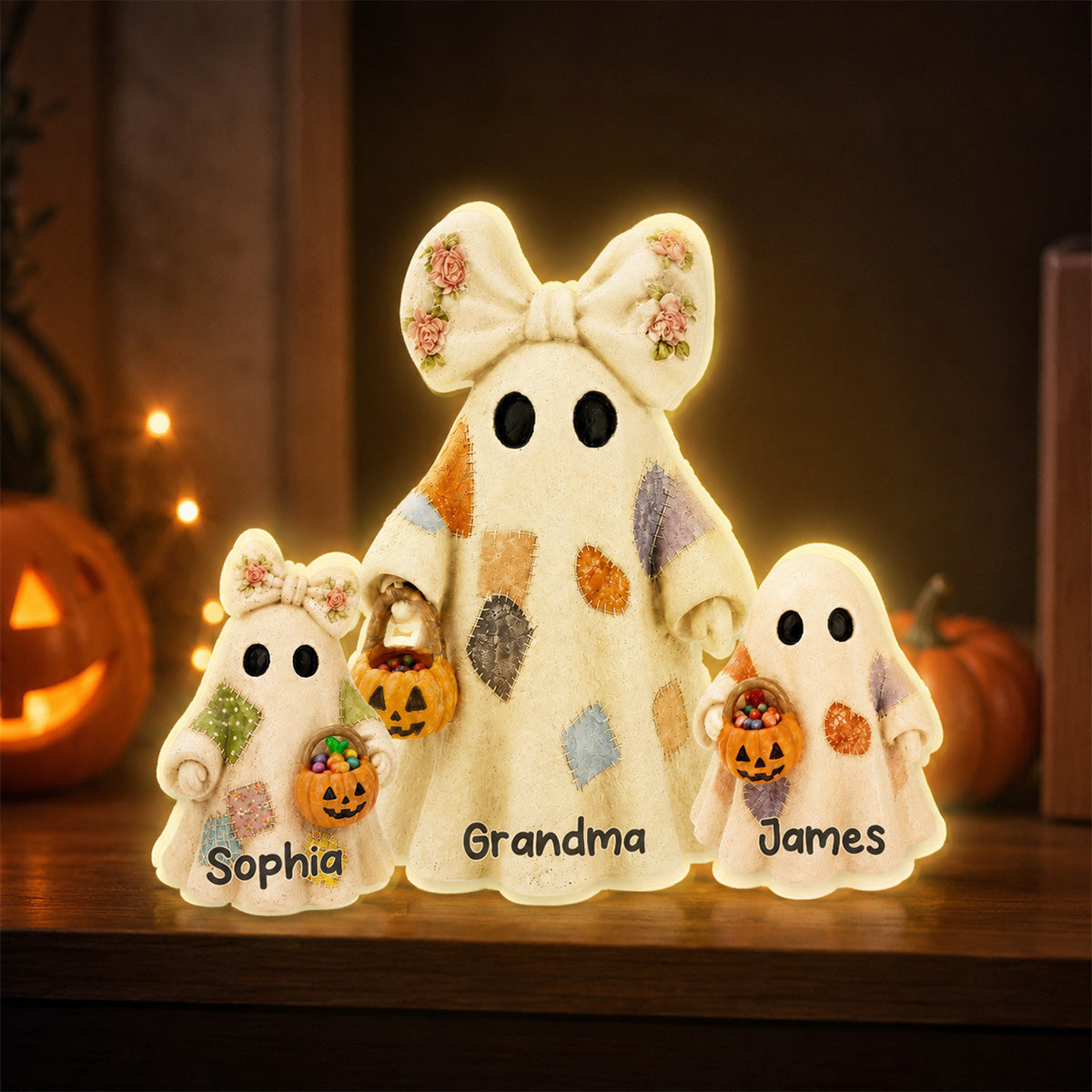 Grandma's Boo Crew Patchwork Style Ghosts 2D Flat - Personalized Light Box - Halloween Decor For Grandma