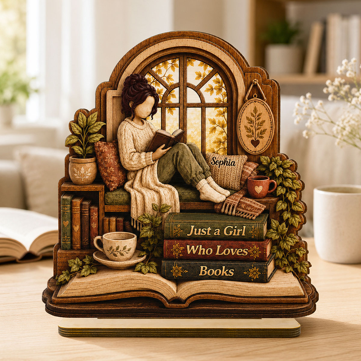 Book Lover's Corner 2D Flat - Personalized 2-Layered Wooden Plaque - Gift For Book Lover, Bookworm
