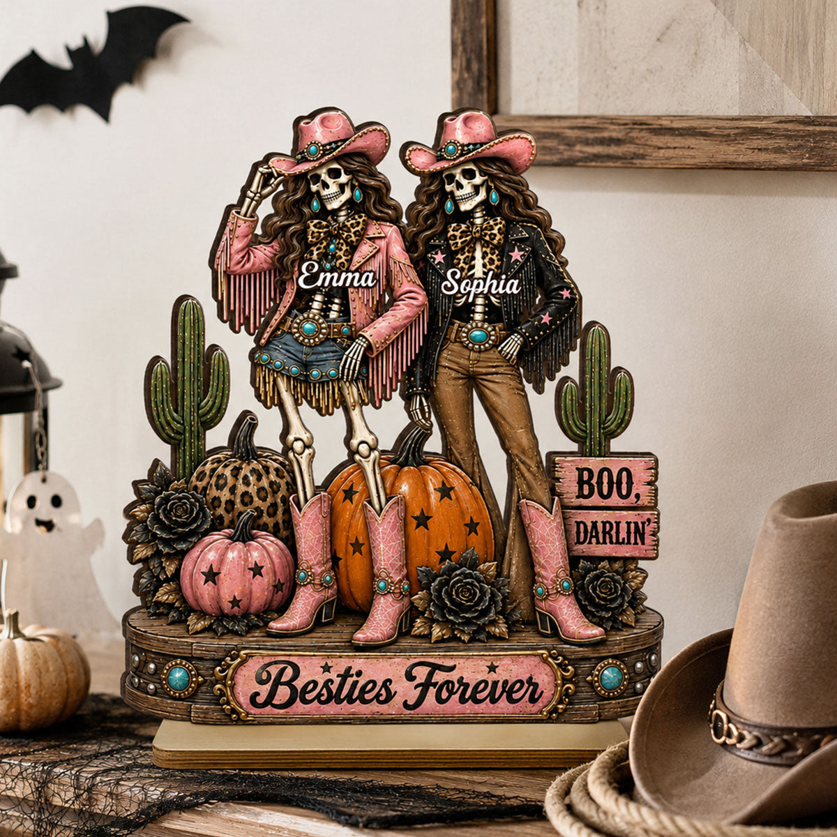 Western Halloween Skeleton Cowgirls - Personalized 2-Layered Wooden Plaque - Halloween Decor Gift, Gift For Besties