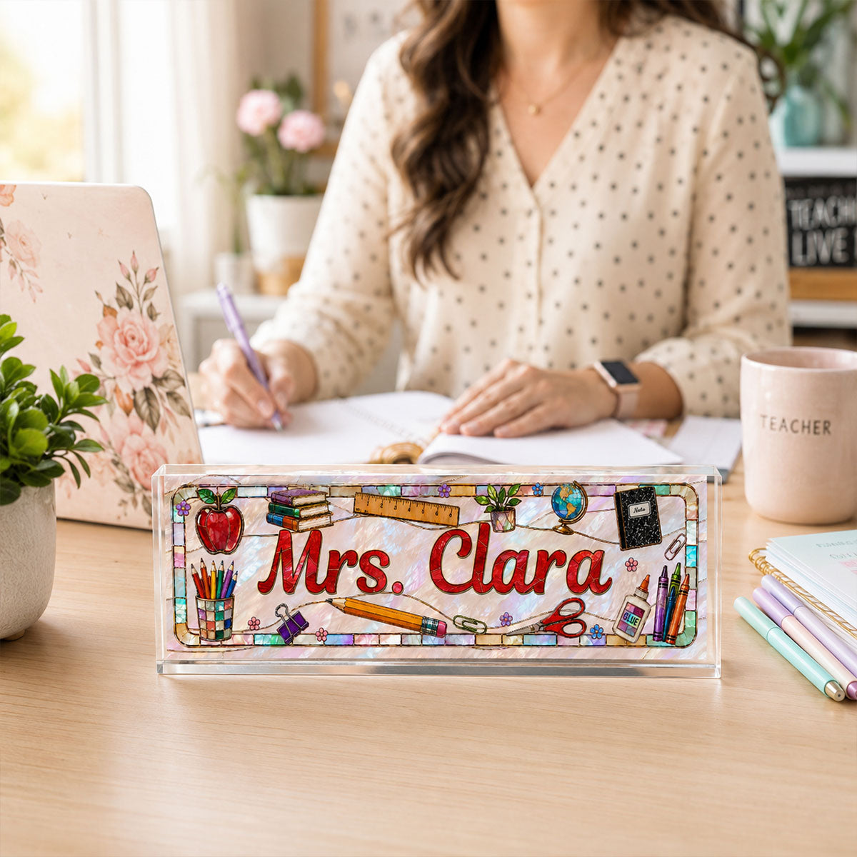 Teacher Name Faux Stained Glass - Personalized Acrylic Desk Name Plate – Classroom Desk Decor
