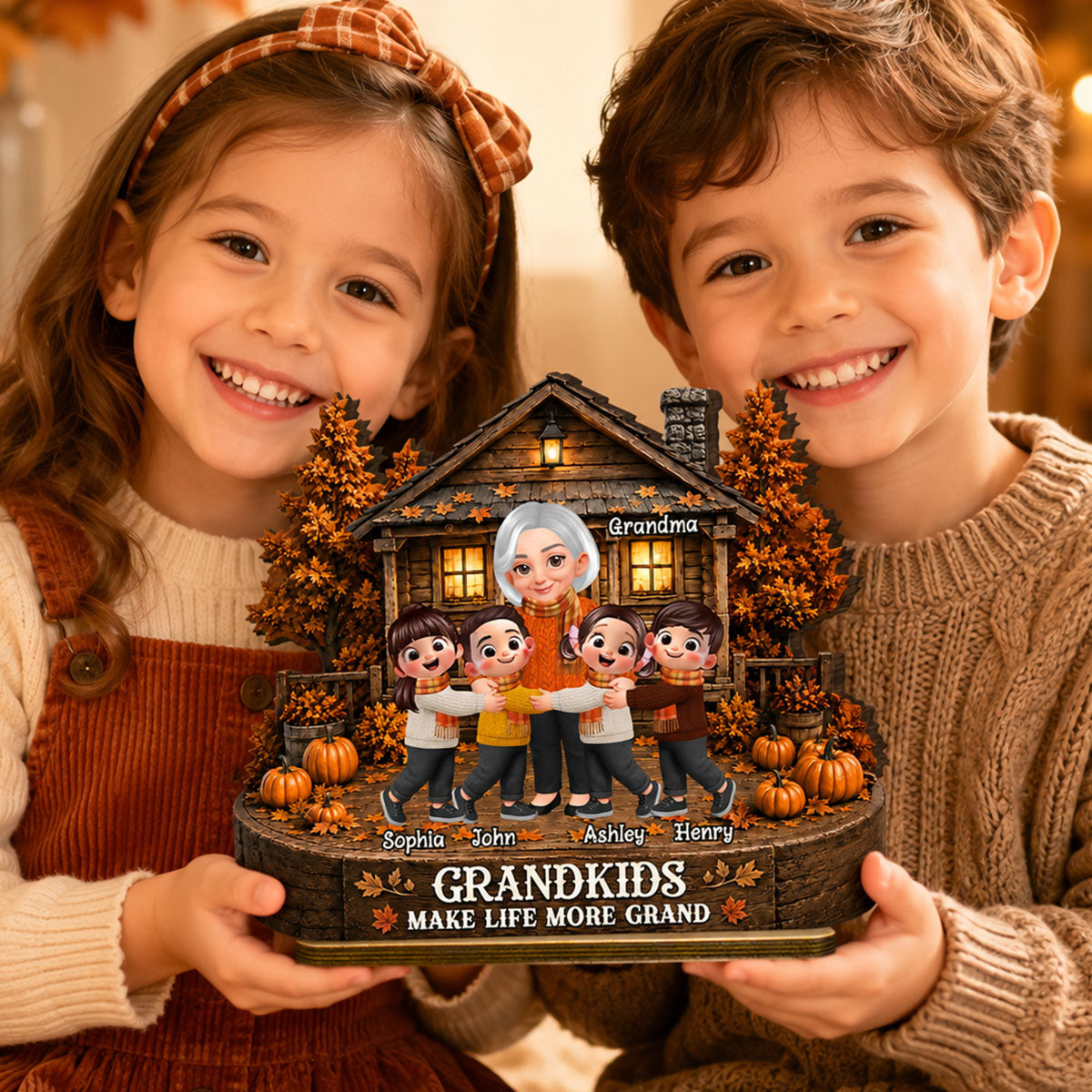 Grandma Grandkids Fall Season - Personalized 2-Layered Wooden Plaque - Gift For Wife, Grandmas