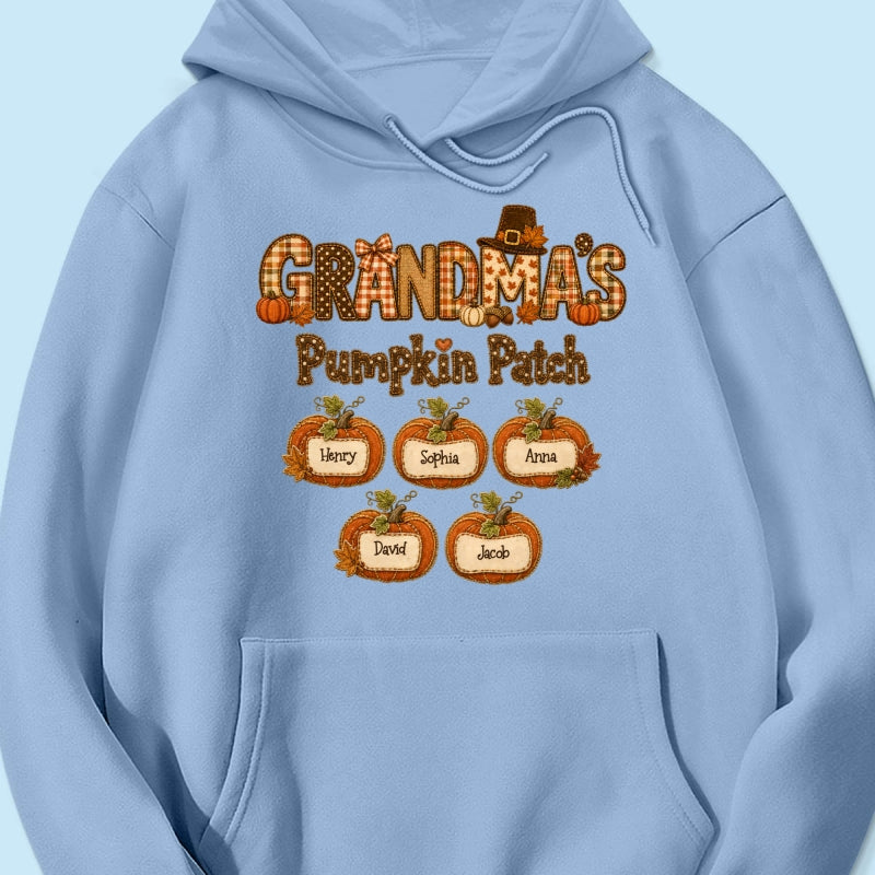 Grandma's Pumpkin Patch Fall Patchwork Pattern - Personalized Shirt - Trendy Fall Halloween Tee for Grandma
