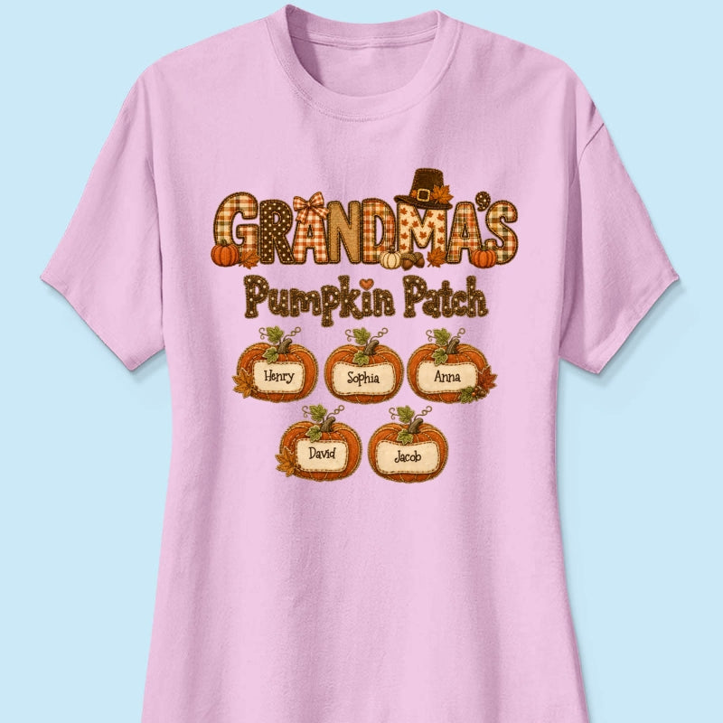 Grandma's Pumpkin Patch Fall Patchwork Pattern - Personalized Shirt - Trendy Fall Halloween Tee for Grandma