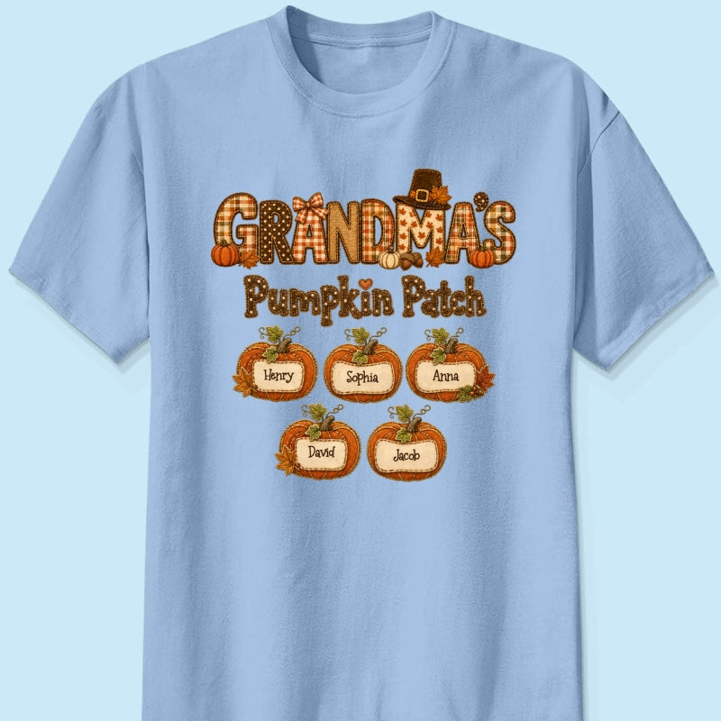 Grandma's Pumpkin Patch Fall Patchwork Pattern - Personalized Shirt - Trendy Fall Halloween Tee for Grandma