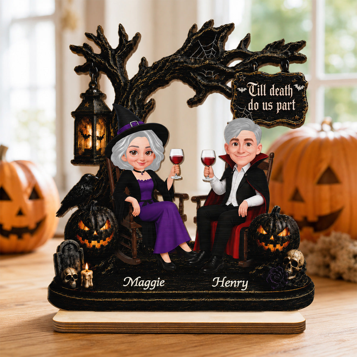 Couple Sitting Under Spooky Halloween Tree 2D Flat - Personalized 2-Layer Wooden Plaque - Tabletop Tier Tray Wicca Pagan Decor