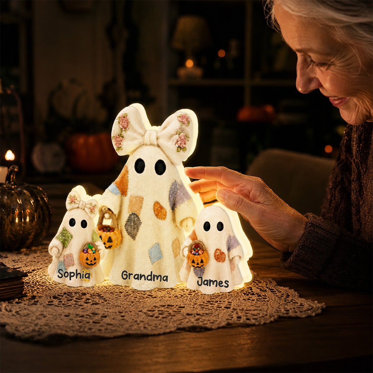Grandma's Boo Crew Patchwork Style Ghosts 2D Flat - Personalized Light Box - Halloween Decor For Grandma