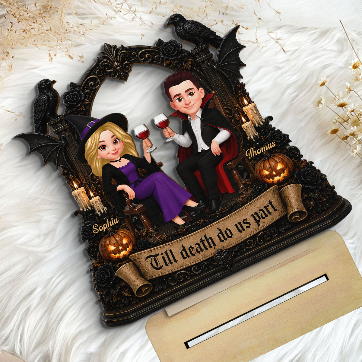 Till Death Do Us Part Halloween Couple Sitting 2D Flat - Personalized 2-Layered Wooden Plaque - Halloween Decor For Couple