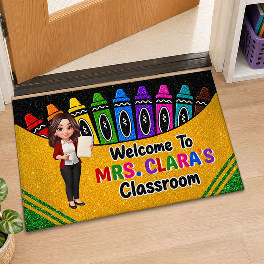 Teacher Happy Crayon Box Welcome To Classroom - Personalized Doormat - Back To School Gift For Teacher, Classroom Decor